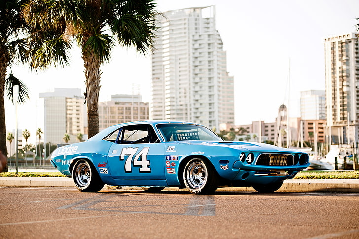 blue muscle car, 1973 dodge challenger, Nascar, muscle cars, American cars