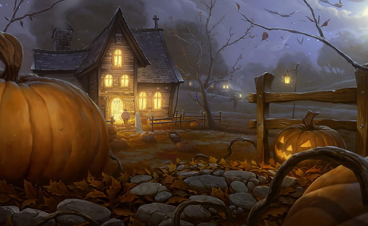 brown wooden house painting, halloween, holiday, night, home