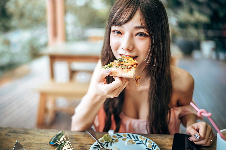 HD wallpaper: food, eating, pizza, dark hair, Asian, women, model |  Wallpaper Flare