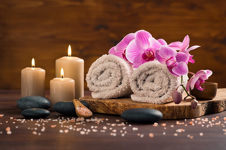 Man Made, Spa, Candle, Flower, Orchid, Pink Flower, Towel