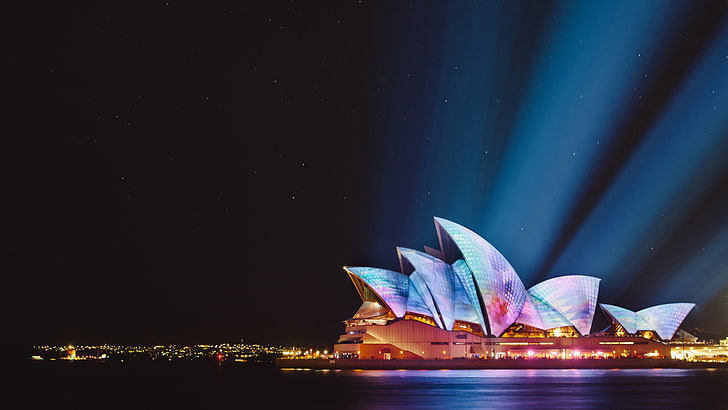 Sydney Opera House, 5K, Cityscape, Night, illuminated, sky, HD wallpaper