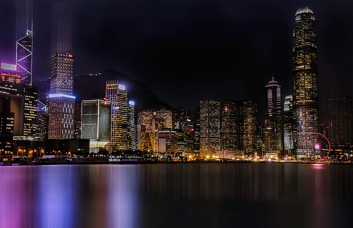 cityscape by night photo, night city, skyscrapers, beach, urban Skyline