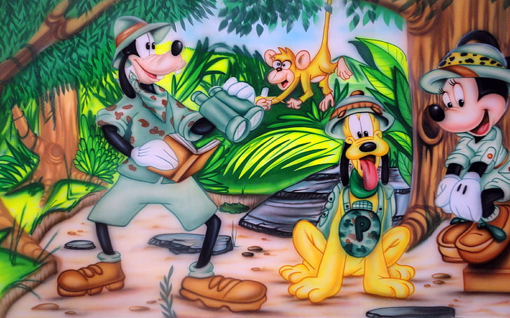 Mickey Maus Cartoon Minnie Mouse Goofy Pluto And Monkey Safari Photo Wallpaper Hd 3840×2400, HD wallpaper