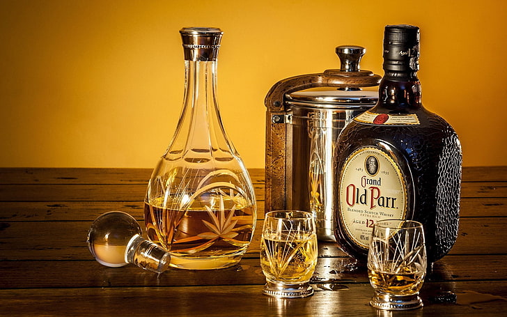 Old Parr whisky bottle and glasses, Food