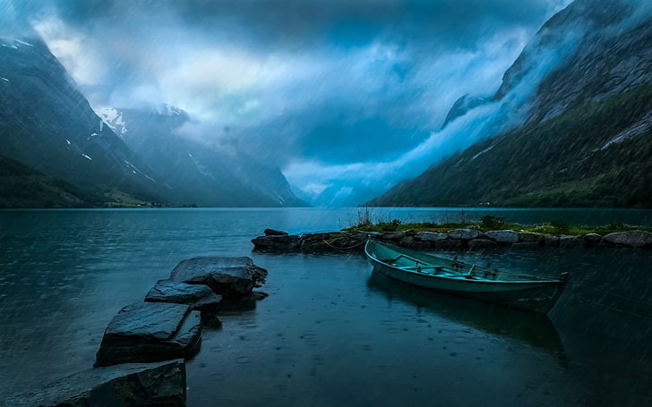 nature, landscape, lake, mountains, Norway, clouds, rain, blue, HD wallpaper