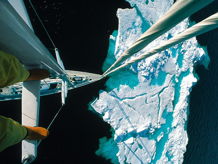 white boat, ship, sailing ship, ropes, iceberg, Arctic, legs, HD wallpaper