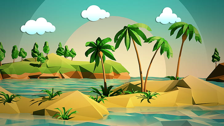 Polygon Art Tropical Palm Trees HD, coconut palm trees and beach graphic design
