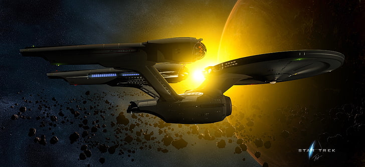 Star Trek Enterprise illustration, spaceship, asteroid, Sun, planet