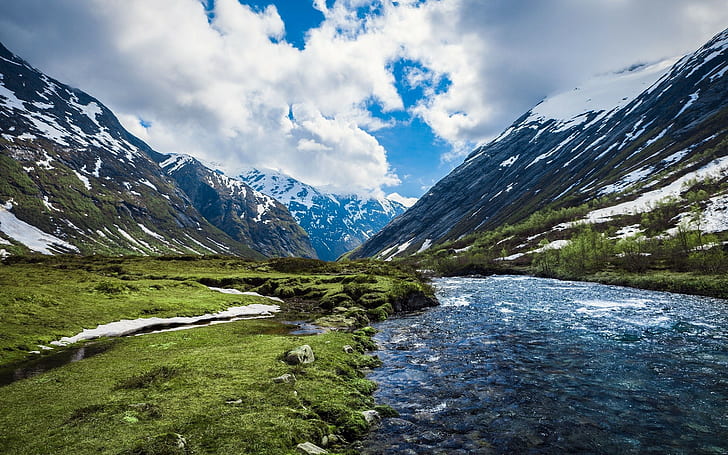 landscape, river, mountains, Norway, nature