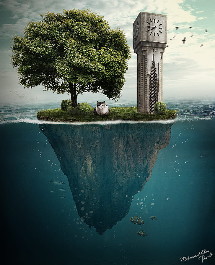 cat, clock tower, island, Mkmathers, MohammadKhan, nature, Photo Manipulation, HD wallpaper