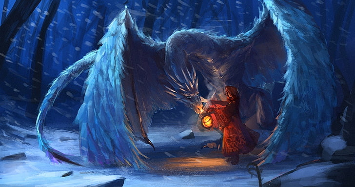 artwork, fantasy art, dragon, snow, nature, fire, cold temperature, HD wallpaper