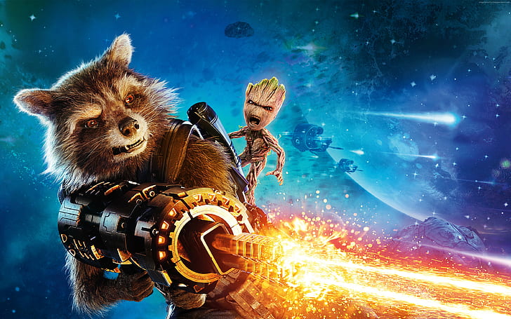 gun, Baby Groot, best movies, Rocket, Guardians of the Galaxy Vol. 2, HD wallpaper