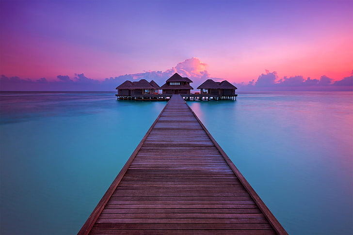 brown dock, sunset, the ocean, pierce, resort, Bungalow, Maldives, HD wallpaper