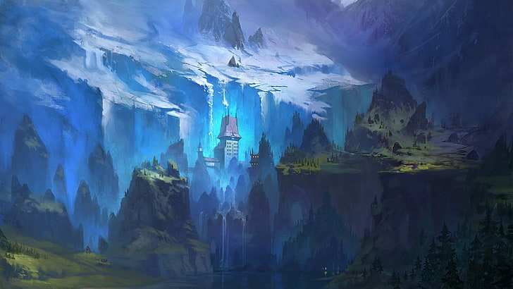 castle and mountain wallpaper, fantasy art, landscape, blue, cliff