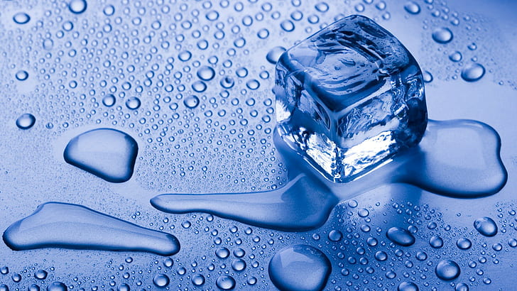 melting, water drops, ice cubes, blue, wet, HD wallpaper