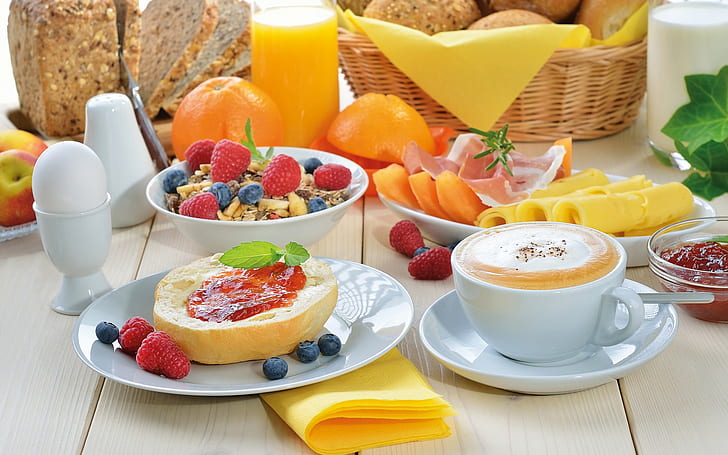 Healthy, Food, Fruit, Strawberries, Blueberries, Pie, Bread, Coffee, HD wallpaper
