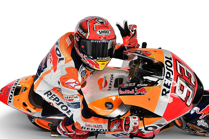 motorcycle, Moto GP, Marc Marquez, sport, orange color, helmet, HD wallpaper