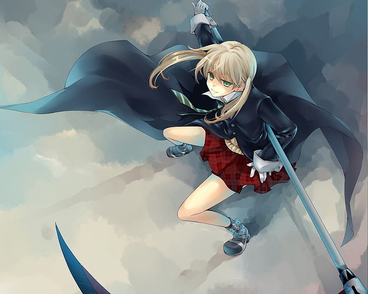 female anime character with red skirt and black coat digital wallpaper