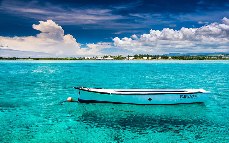 nature, landscape, Mauritius, island, tropical, sea, boat, clouds, HD wallpaper