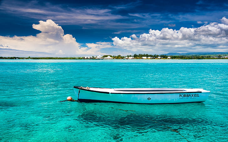 sea, turquoise, water, beach, boat, island, tropical, landscape, HD wallpaper