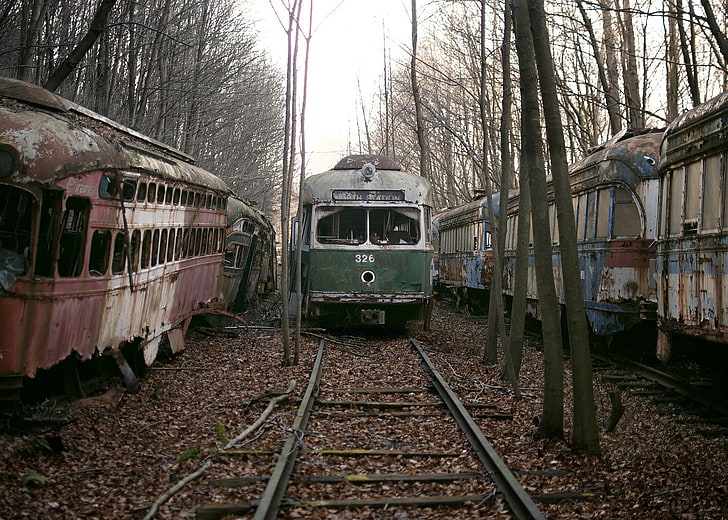 green and white train, wreck, vehicle, abandoned, transportation