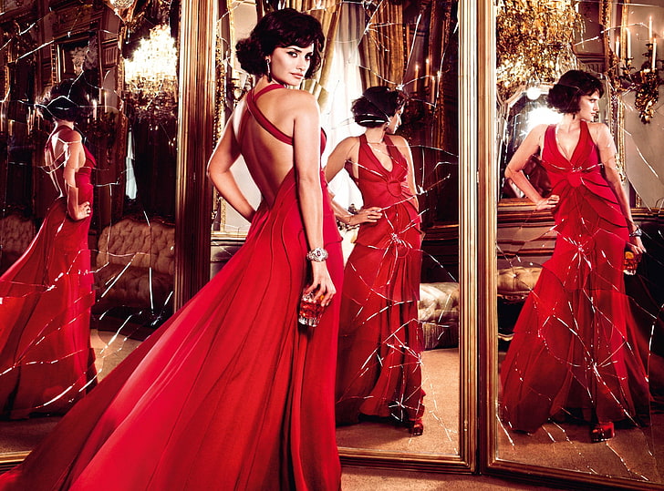 women's red halter maxi dress, glass, reflection, candles, advertising, HD wallpaper