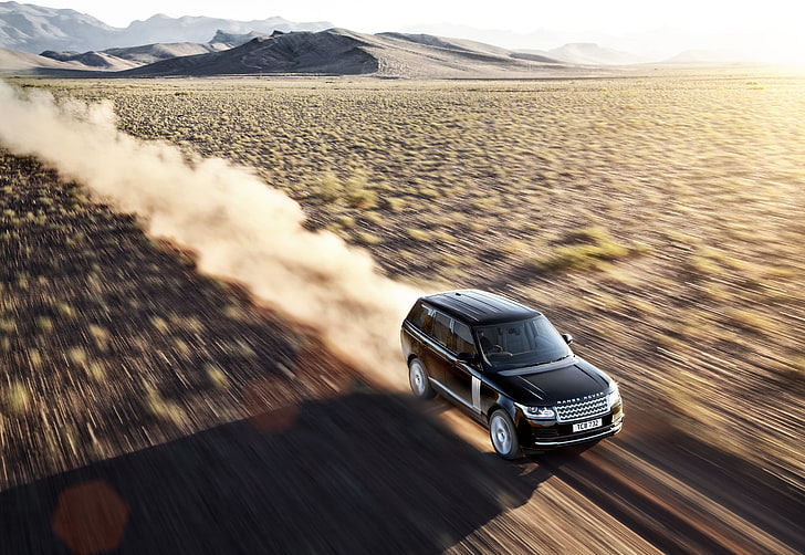 black Land Rover Range Rover, sand, desert, speed, transportation, HD wallpaper