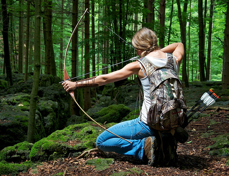 bow, women, hunting, forest, tree, one person, land, plant