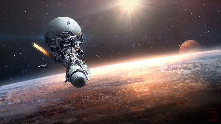 gray space aircraft illustration, fiction, planet, orbit, space station