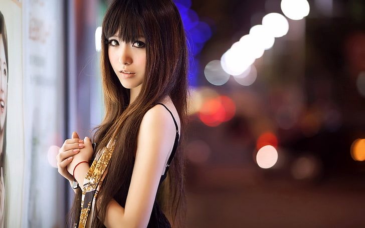 women's black spaghetti strap top, Asian, looking at viewer, model, HD wallpaper