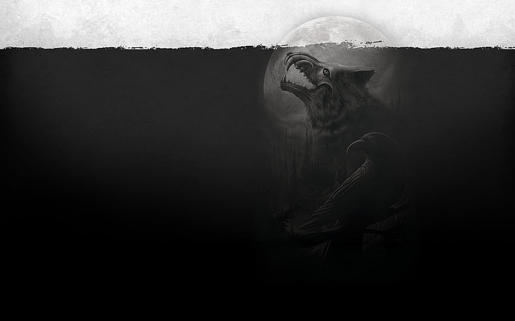 black wolf and crow illustration, artwork, fantasy art, animals, HD wallpaper