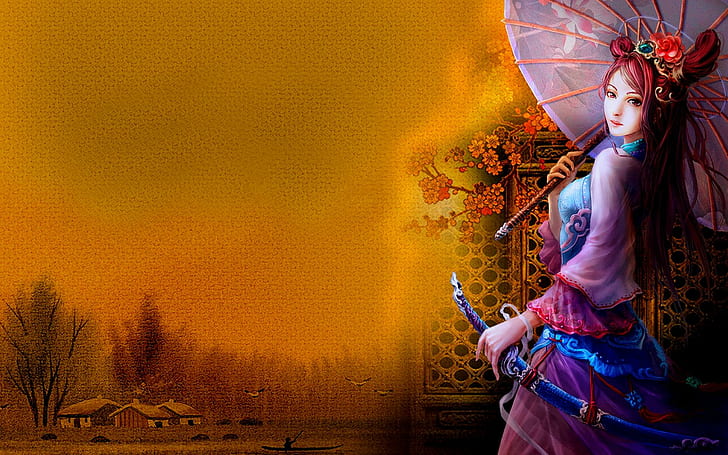 Beauty With Sword, geisha painting, umbrella, lake, girl, girls, HD wallpaper