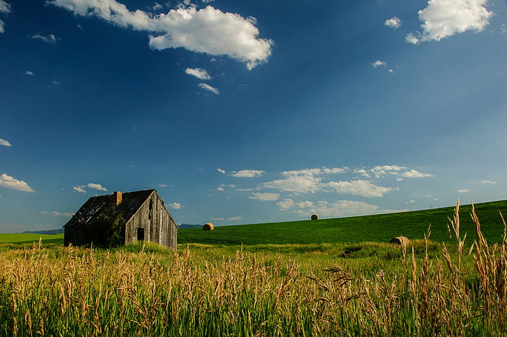 photo of rice mill, idaho, idaho, barn, bales, grass, house, landscape, HD wallpaper