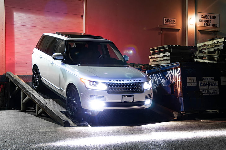 black Land Rover Range Rover, white, night, the building, front view, HD wallpaper