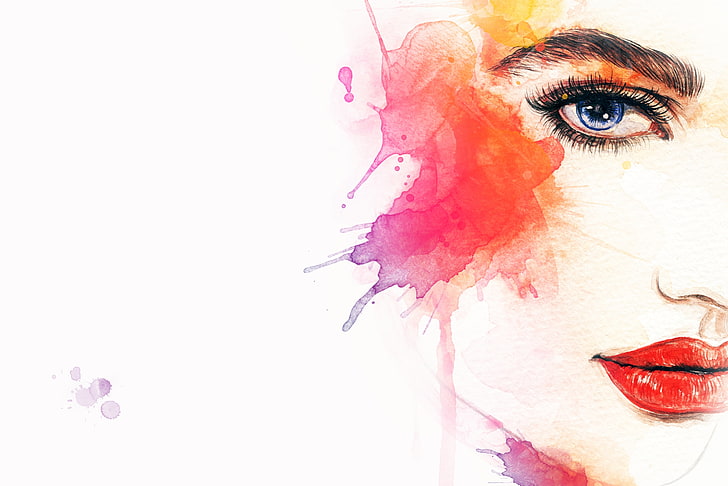 woman face painting, eyes, girl, watercolor, lips, human Face, HD wallpaper