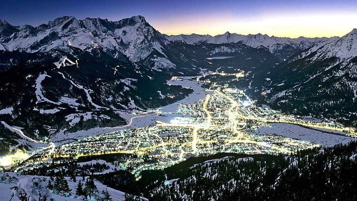 winter, mountains, lights, Germany, valley, Bayern, Garmisch-Partenkirchen, HD wallpaper