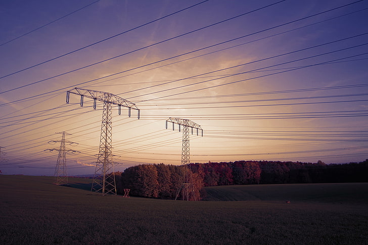 power lines, sky, landscape, cable, electricity, technology, HD wallpaper