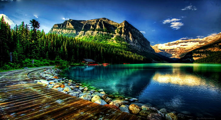 Lakeshore Cabin, gray rocky mountains beside calm lake, nature, HD wallpaper