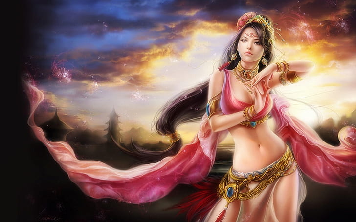 HD wallpaper: Beautiful Asian fantasy girl, red silk | Wallpaper Flare
