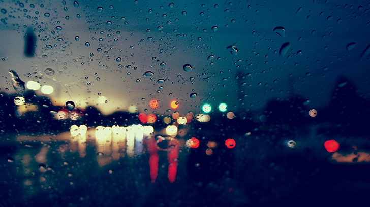 urban, street, rain, bokeh, water drops, lights, glass, reflection
