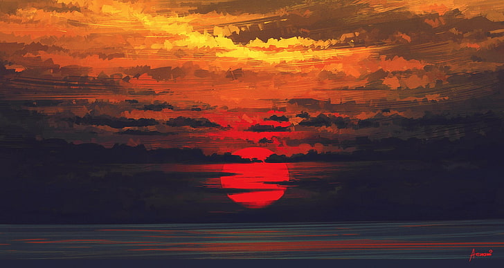 silhouette photography of sunset, clouds, sea, colorful, orange color