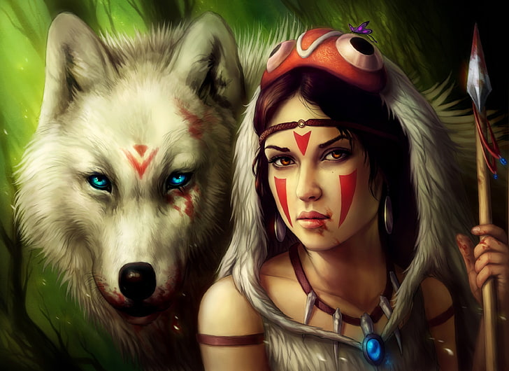 Princess Mononoke, artwork, wolf, women, fantasy art, fantasy girl