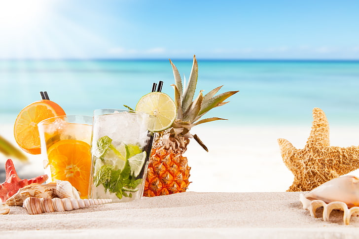 pineapple fruit, sea, beach, cocktail, summer, fresh, paradise