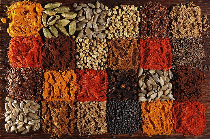 seasoning lot, pepper, seeds, carnation, spices, cardamom, paprika, HD wallpaper