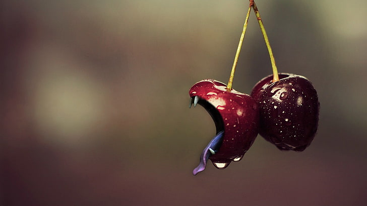 two red cherries, mouths, open mouth, cherries (food), digital art, HD wallpaper