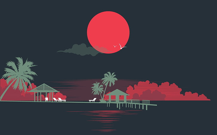 nipa hut and trees illustration, minimalism, artwork, palm trees