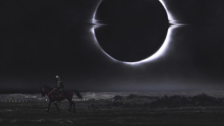 man riding horse illustration, dark, black, eclipse , photo manipulation, HD wallpaper