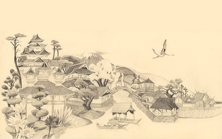 Traditional Artwork, Wood block, bird, flying, vertebrate, nature