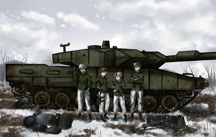 black and gray car engine, anime, tank, winter, original characters