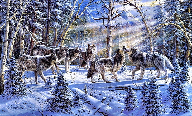 pack of wolves, winter, forest, animals, nature, spruce, painting